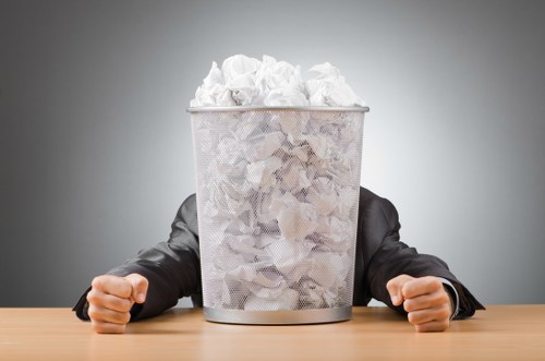 The image shows a metal mesh waste bin filled to the brim with crumpled white paper, placed on a wooden table. Behind the bin, there is a neutral grey background, and the collection of paper appears to be discarded office waste. The bin's cylindrical shape and perforated texture are clearly visible, with some of the crumpled paper slightly spilling over the top edge. The table surface is smooth and light-colored, and the shadows cast suggest soft, even lighting. The person's hands, wearing dark suit sleeves, are positioned on either side of the bin, with fists resting on the table, though the individual's face and rest of the body are not visible, only the sleeves and hands. This image emphasizes the theme of paper waste and office rubbish, aligning with services such as those provided by Office Clearance Hayes for junk collection and rubbish removal in Hayes or surrounding areas, including Twickenham, Hounslow, or nearby postcode districts.